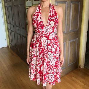 “Marilyn Monroe” red & white floral halter dress